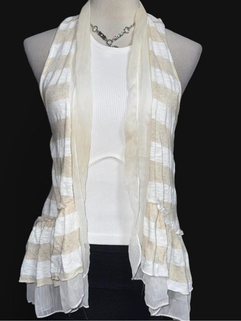 living doll Cream & White Striped Layered Scarf open front cardigan vest